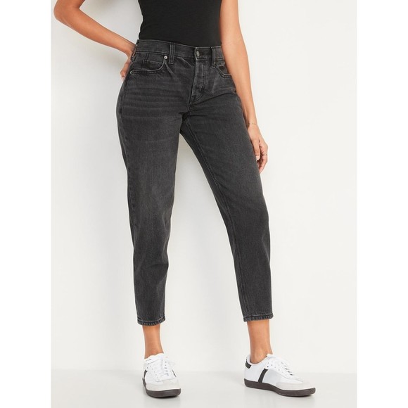 Denim Black Mid-Rise Button-Fly Slouchy Tapered Cropped Jeans (NWT) - Picture 1 of 1